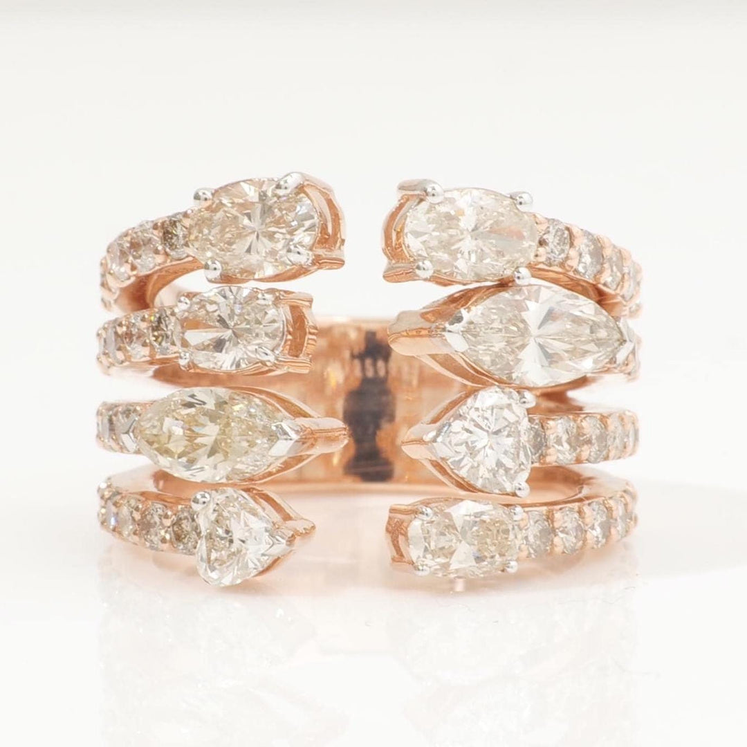 Pear & Oval Diamond Broad Band Ring, 14k Solid Gold Ring, Natural Diamonds, Multi-Row Cocktail Statement Band, Ready To Ship, HRD Certified