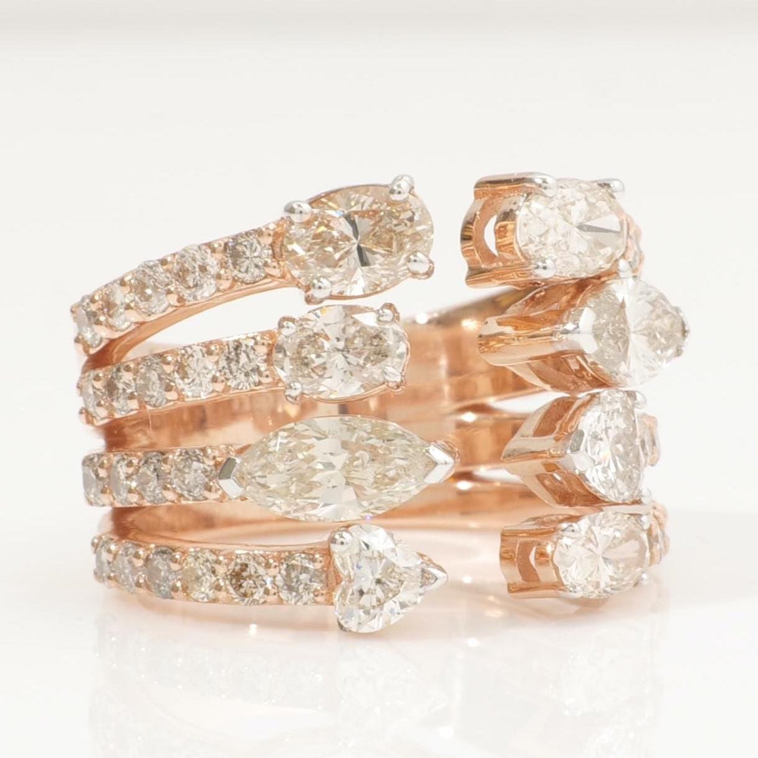 Pear & Oval Diamond Broad Band Ring, 14k Solid Gold Ring, Natural Diamonds, Multi-Row Cocktail Statement Band, Ready To Ship, HRD Certified