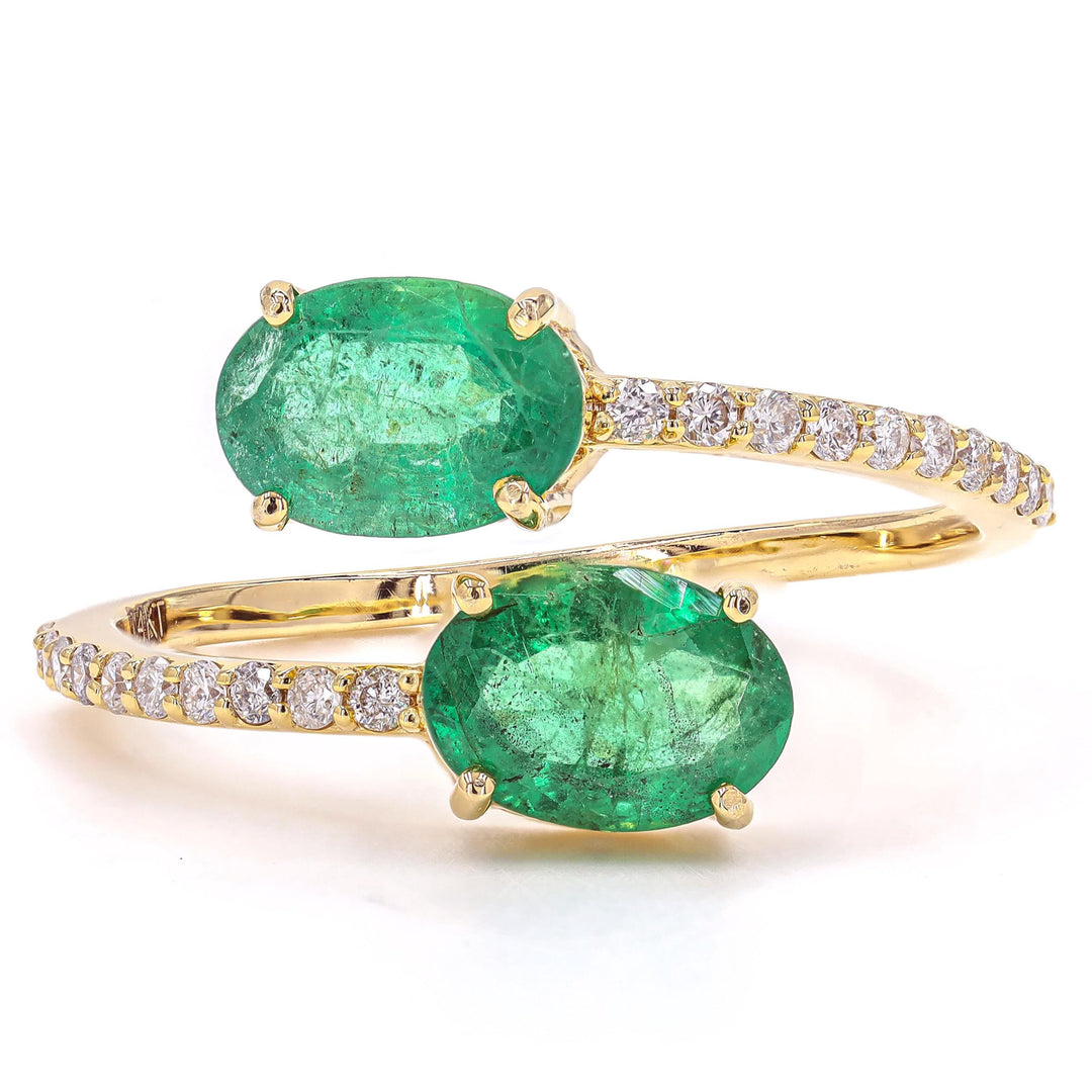 Natural Emeralds & Diamond Bypass Ring: 14k Solid Gold Two-Stone Gemstone Promise Jewellery, Certified Jewelry