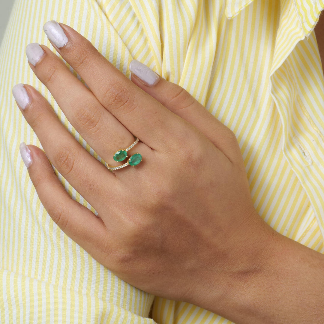 Natural Emeralds & Diamond Bypass Ring: 14k Solid Gold Two-Stone Gemstone Promise Jewellery, Certified Jewelry