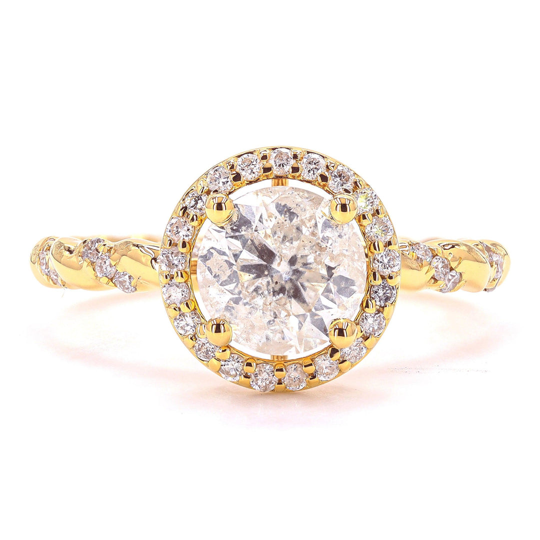Round Solitaire Halo Diamond Ring, 14k Solid Gold, Natural Diamonds, Twisted Band Engagement Ring, Bridal Jewellery, Certified Jewelry