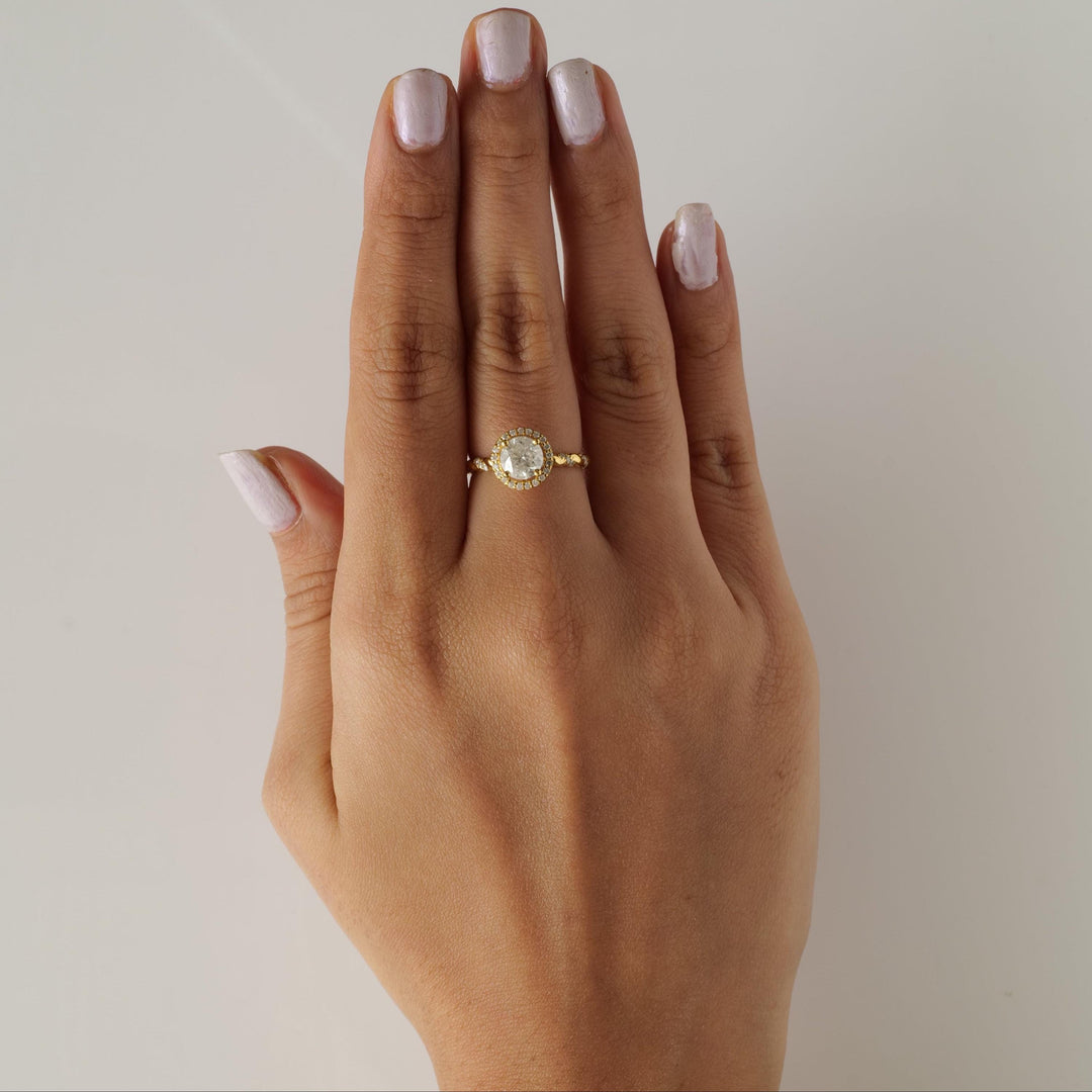 Round Solitaire Halo Diamond Ring, 14k Solid Gold, Natural Diamonds, Twisted Band Engagement Ring, Bridal Jewellery, Certified Jewelry