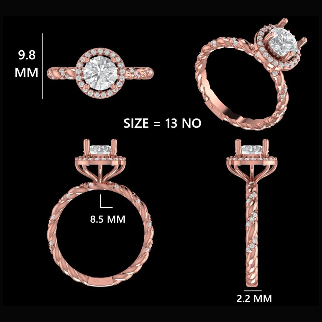 Round Solitaire Halo Diamond Ring, 14k Solid Gold, Natural Diamonds, Twisted Band Engagement Ring, Bridal Jewellery, Certified Jewelry