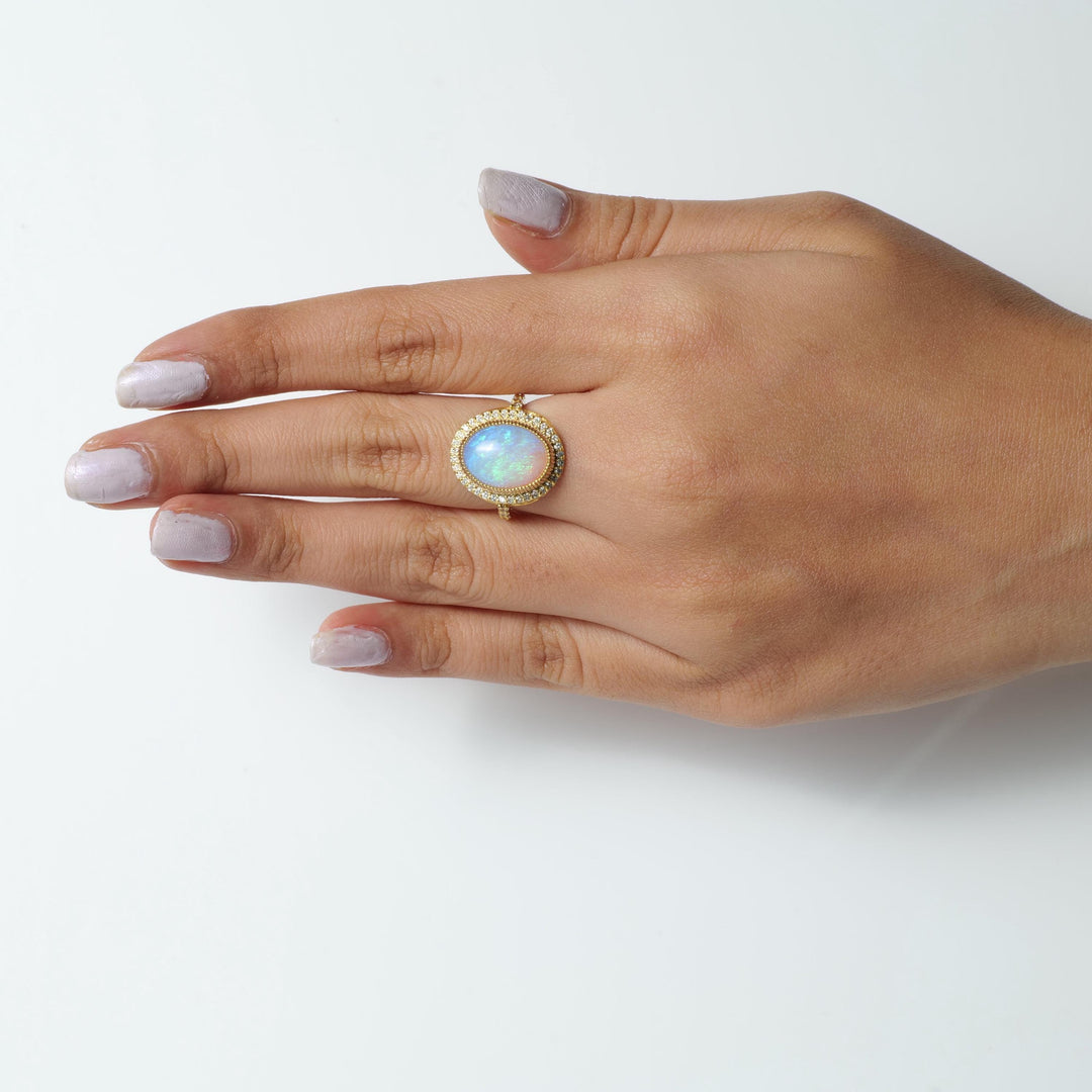 Natural Oval Opal Diamond Halo Ring, 14k Solid Gold, Natural Diamonds, Gemstone Jewellery, Cocktail Statement Ring, Certified Jewellery