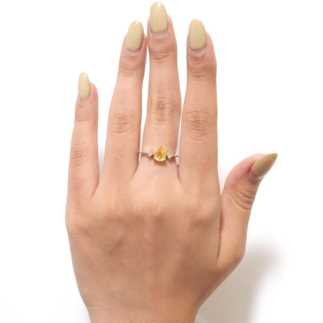 Pear Natural Yellow Sapphire Gemstone Ring: 14k Solid Gold Natural Diamonds Beaded Band, Certified Jewelry