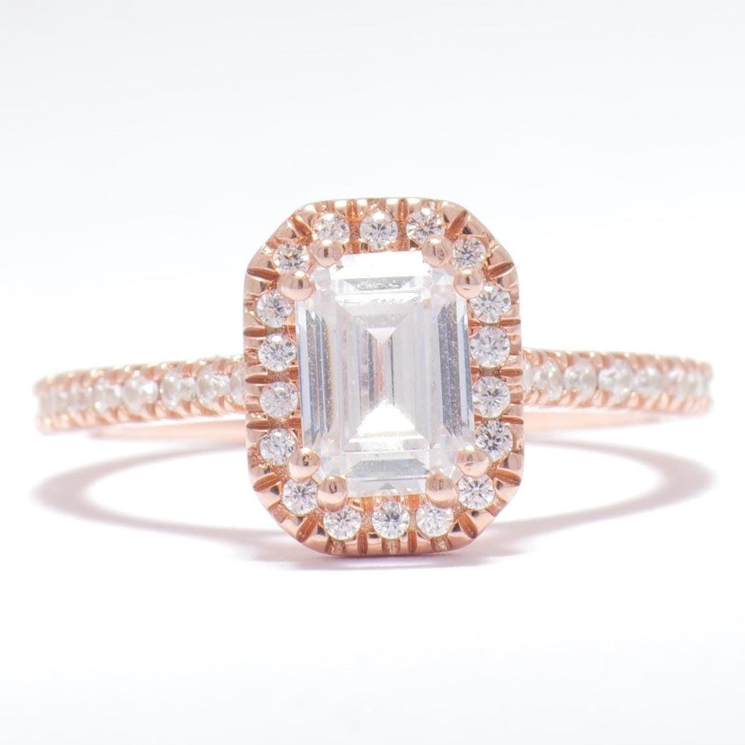 IGI Certified Emerald Cut Lab Grown Solitaire Diamond Ring: 14K Solid Gold Halo Engagement Ring