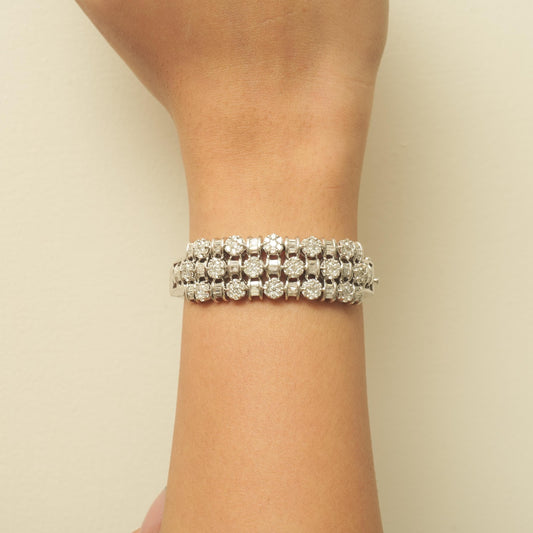 Triple Row Natural Diamond Wide Bracelet, 14k Solid Gold Cluster Illusion Cocktail Bracelet, IGI Certified, Ready To Ship
