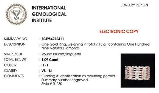 Round and Baguette Natural Diamond Ring: 14K Solid Gold Half Eternity Wide Cocktail Band, IGI Certified, Ready To Ship