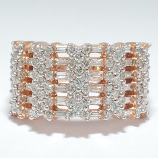 Round and Baguette Natural Diamond Ring: 14K Solid Gold Half Eternity Wide Cocktail Band, IGI Certified, Ready To Ship