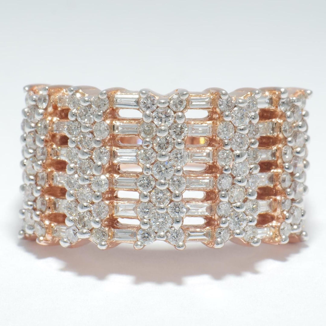 Round and Baguette Natural Diamond Ring: 14K Solid Gold Half Eternity Wide Cocktail Band, IGI Certified, Ready To Ship