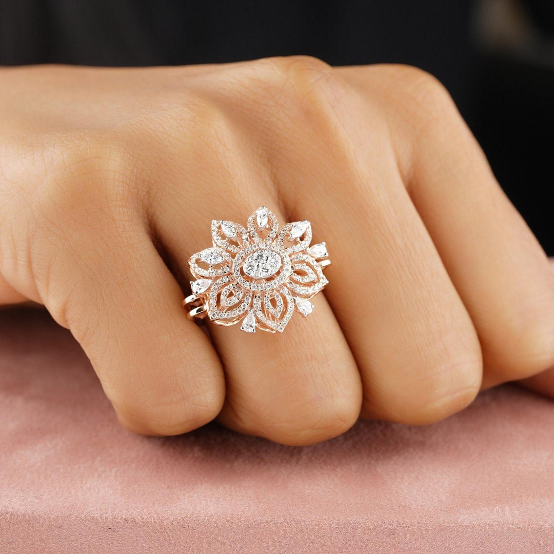 Flower Halo Natural Diamond Ring: 14k Solid Gold Marquise & Round Floral Cocktail Ring, Certified Jewelry