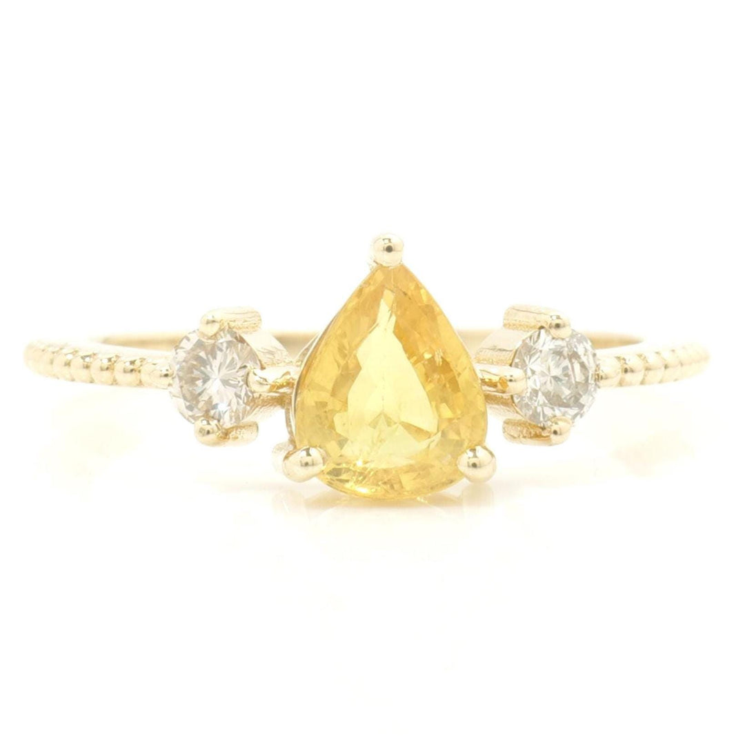 Pear Natural Yellow Sapphire Gemstone Ring: 14k Solid Gold Natural Diamonds Beaded Band, Certified Jewelry