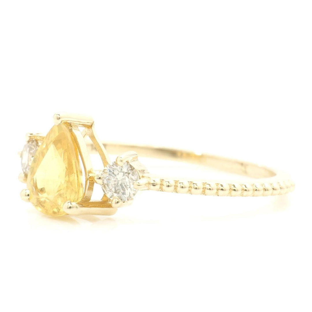 Pear Natural Yellow Sapphire Gemstone Ring: 14k Solid Gold Natural Diamonds Beaded Band, Certified Jewelry