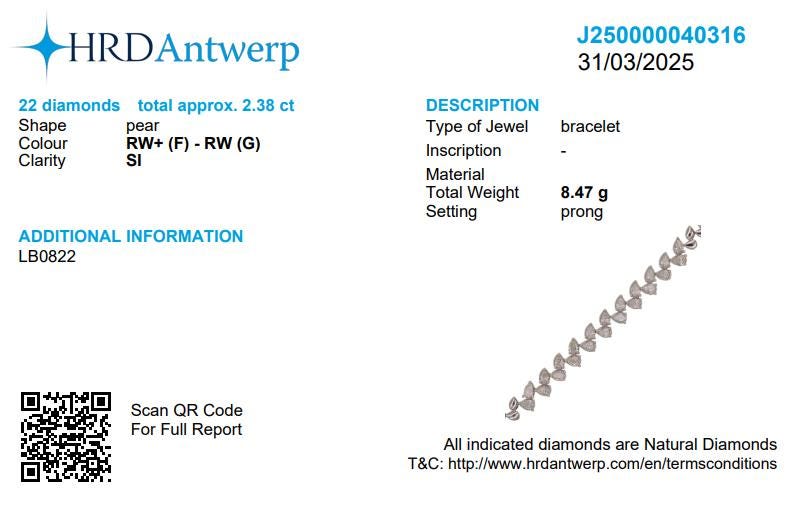 Pear Natural Diamond Tennis Bracelet: 14k Solid Gold Leaves Stackable Bracelet, HRD Certified, Ready To Ship