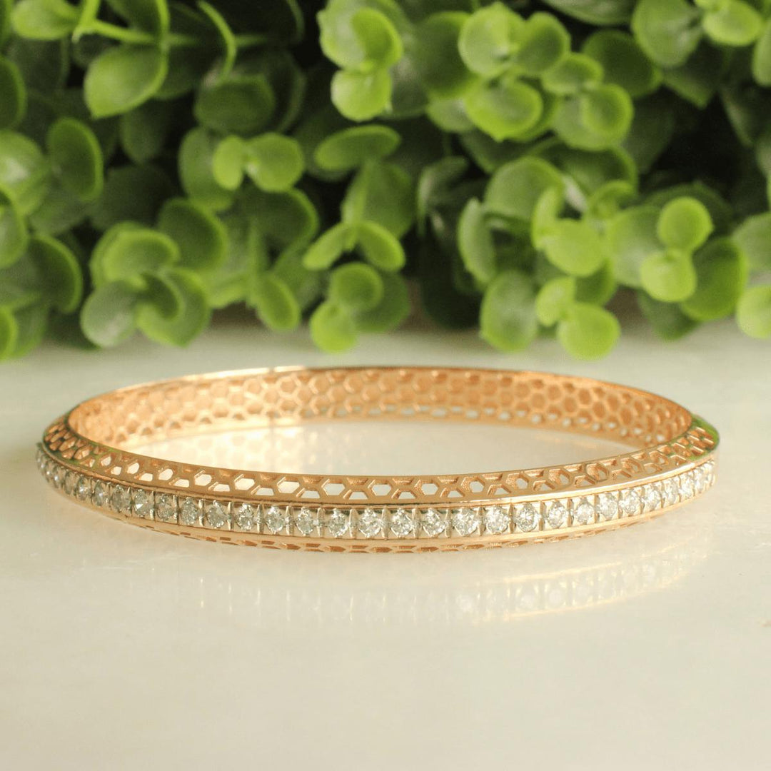 Filigree Natural Diamond Channel Bangle Bracelet: 14k Solid Gold Wedding Statement Jewelry, HRD Certified, Ready To Ship