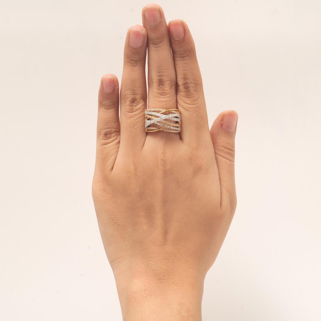 Criss Cross Natural Diamond Band Ring: 14k Solid Gold Wide Cocktail Statement Ring, Certified Jewelry