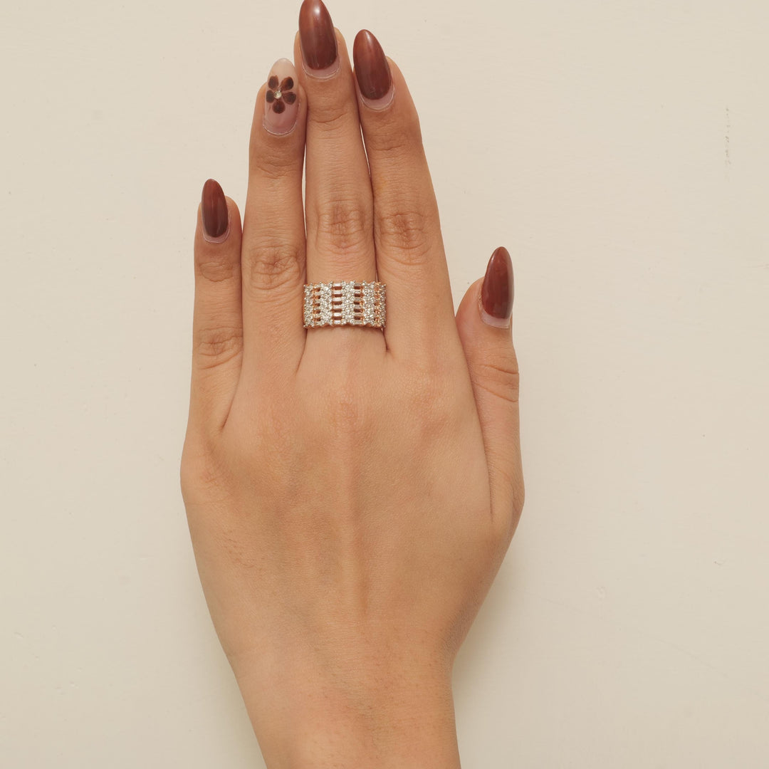 Round and Baguette Natural Diamond Ring: 14K Solid Gold Half Eternity Wide Cocktail Band, IGI Certified, Ready To Ship