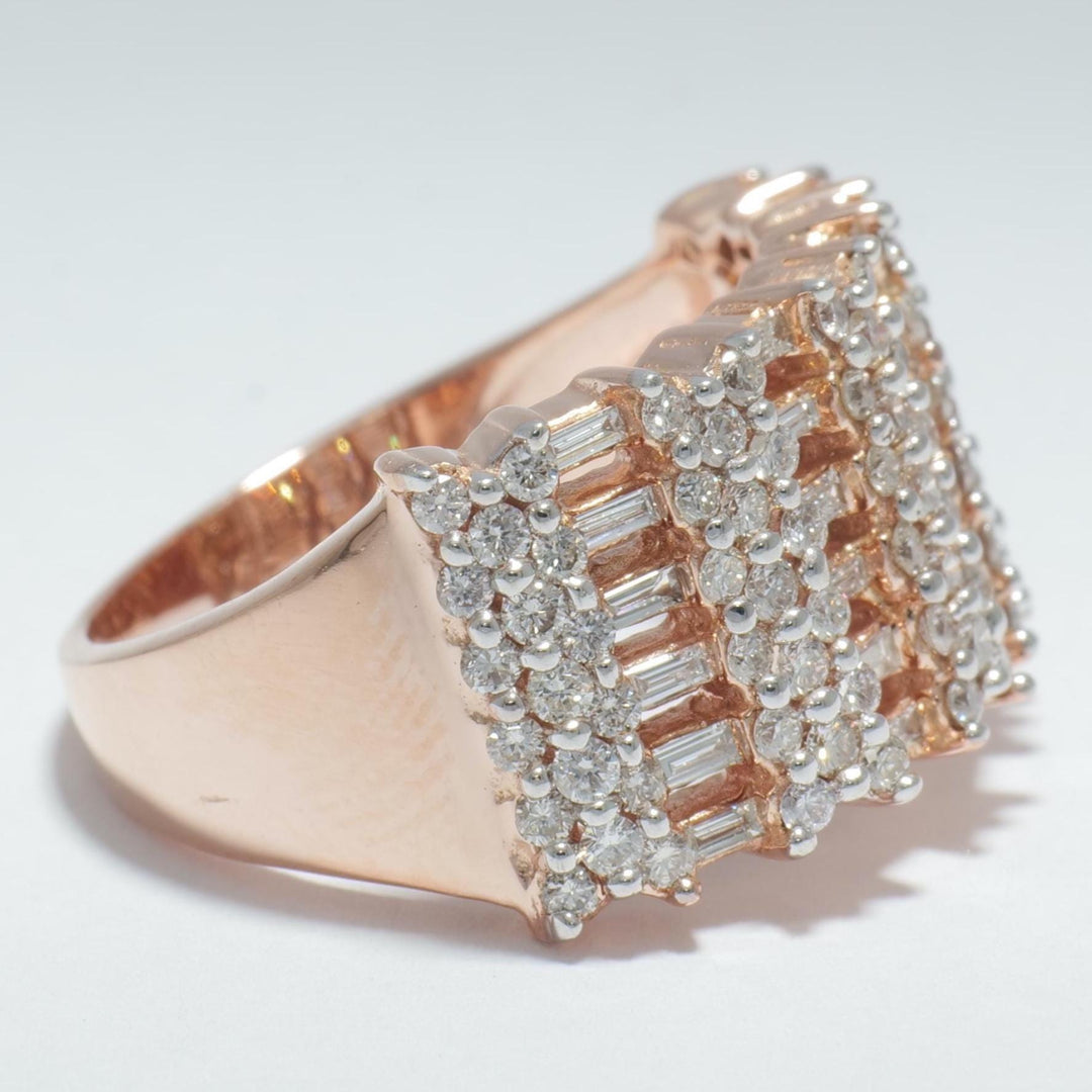 Round and Baguette Natural Diamond Ring: 14K Solid Gold Half Eternity Wide Cocktail Band, IGI Certified, Ready To Ship