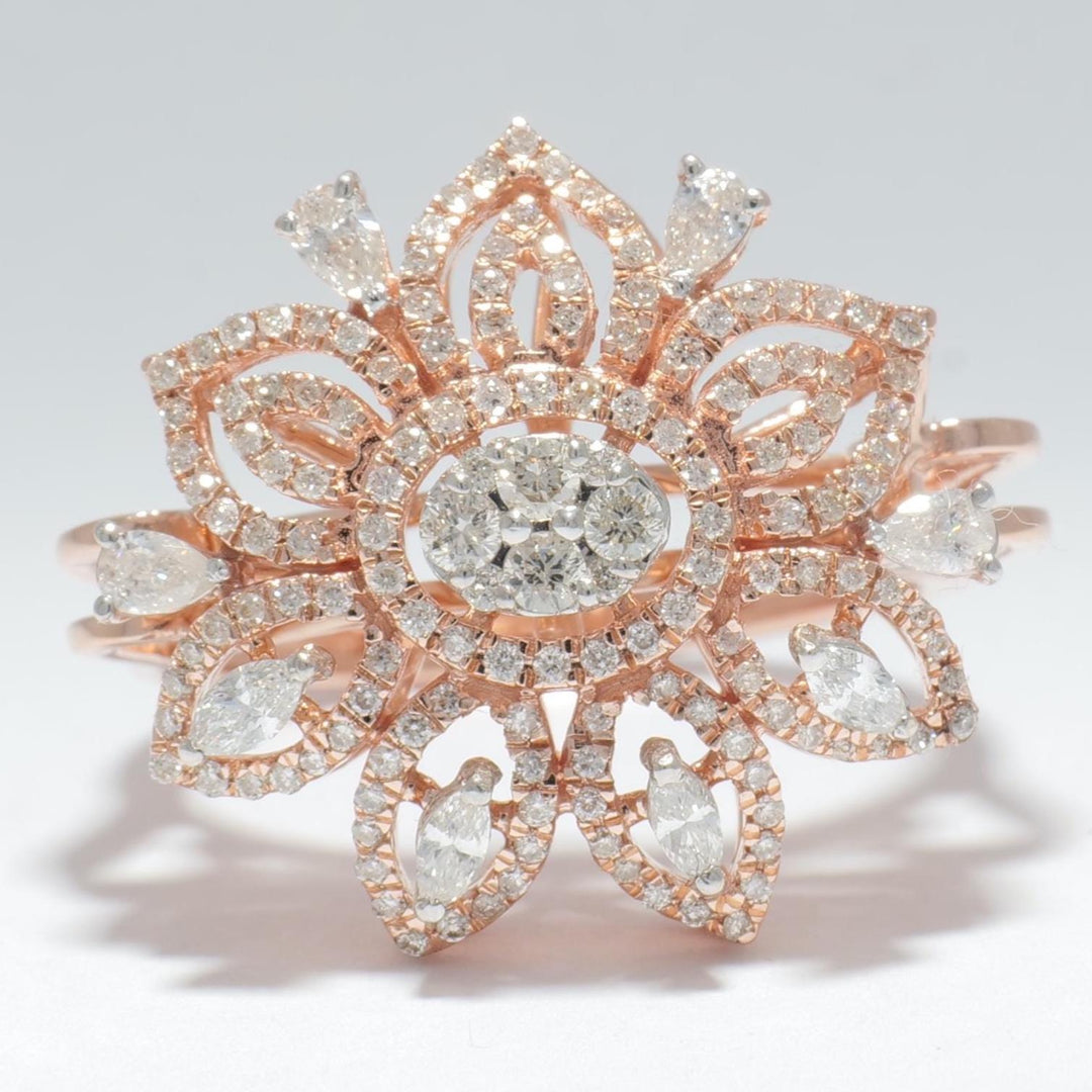 Flower Halo Natural Diamond Ring: 14k Solid Gold Marquise & Round Floral Cocktail Ring, Certified Jewelry