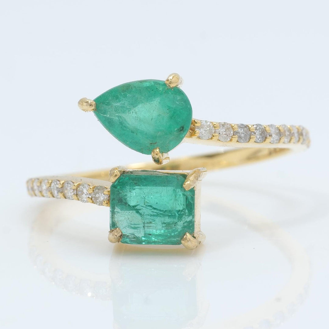 Natural Pear and Square Emerald Diamond Bypass Ring: 14k Solid Gold Gemstone Promise Jewellery, Certified Jewelry