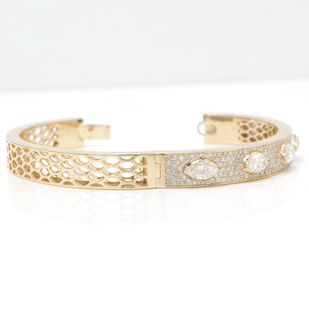 Marquise Diamond Bangle Bracelet: 14K Solid Gold Pave Statement Jewellery, Certified Jewelry