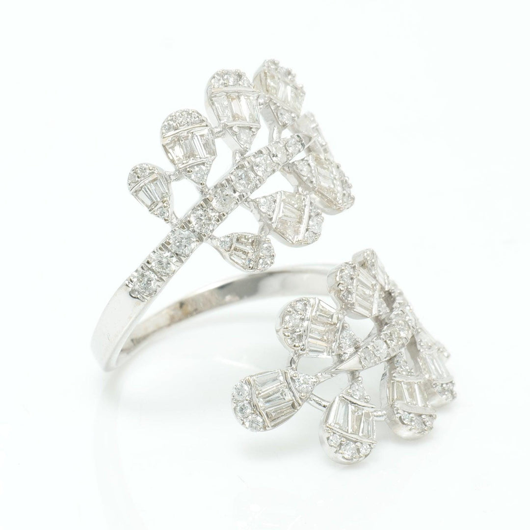 Leaf Cluster Baguette Natural Diamond Ring: 14k Solid Gold Open Bypass Ring, Certified Jewelry