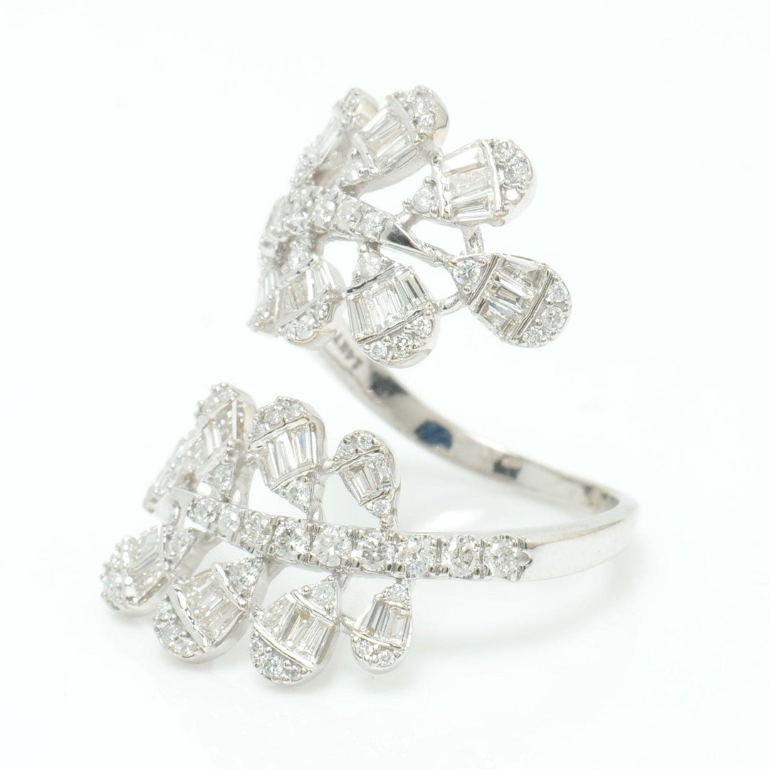 Leaf Cluster Baguette Natural Diamond Ring: 14k Solid Gold Open Bypass Ring, Certified Jewelry