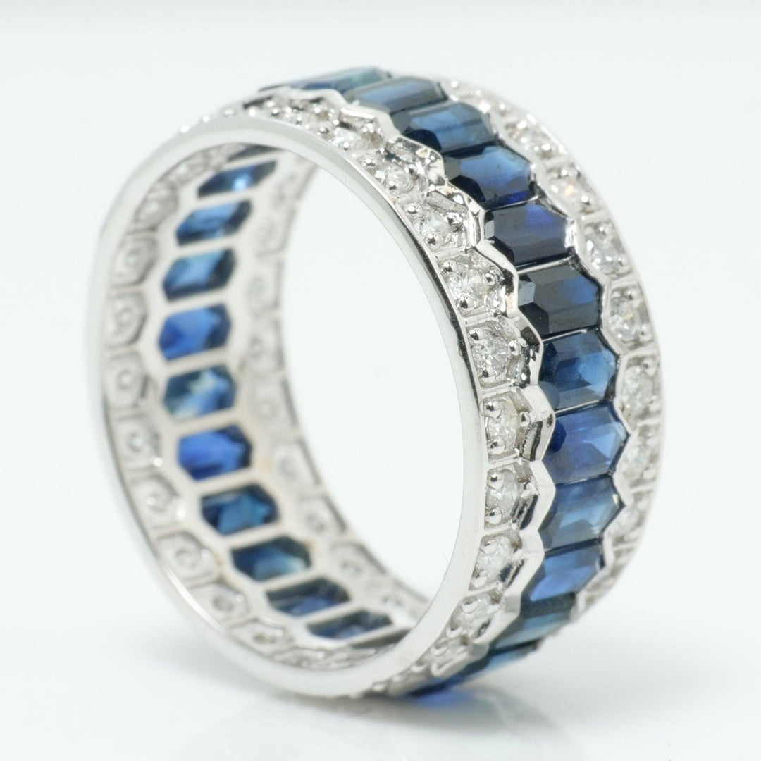 Natural Blue Sapphire & Diamond Band Ring: 14k Solid Gold Eternity Gemstone Stackable Ring, Certified Jewelry