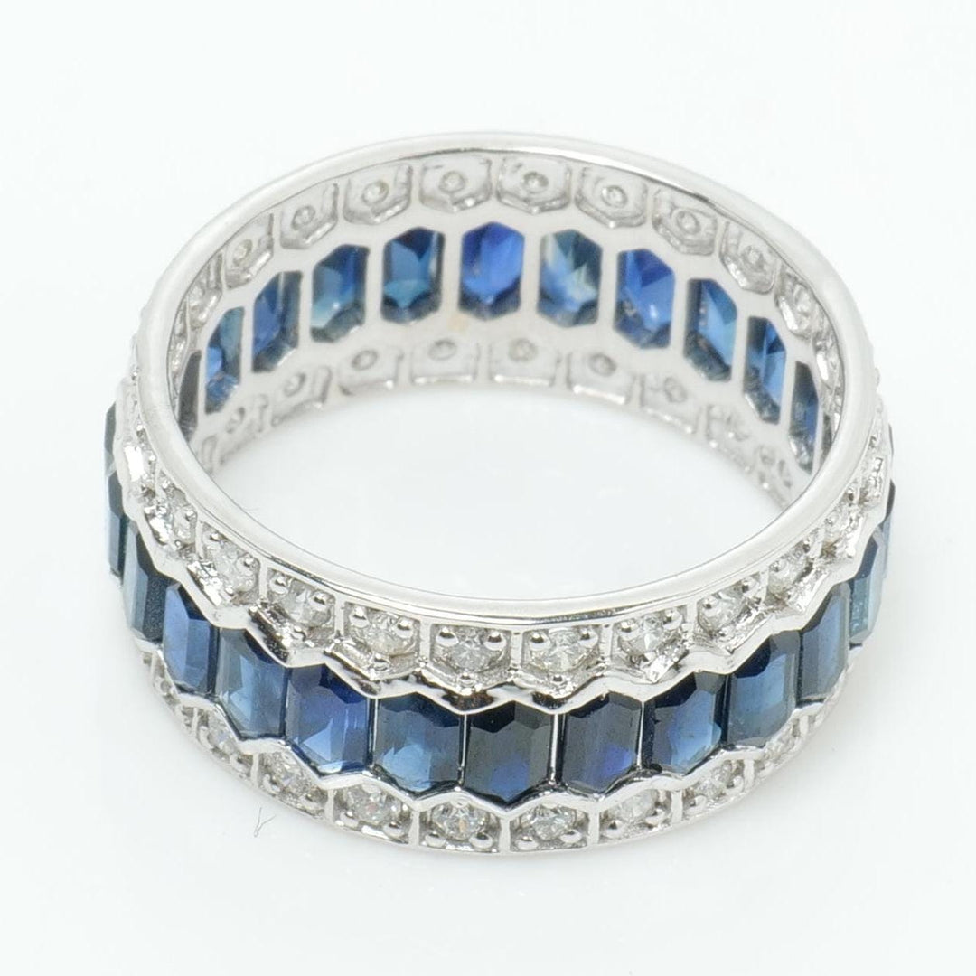 Natural Blue Sapphire & Diamond Band Ring: 14k Solid Gold Eternity Gemstone Stackable Ring, Certified Jewelry