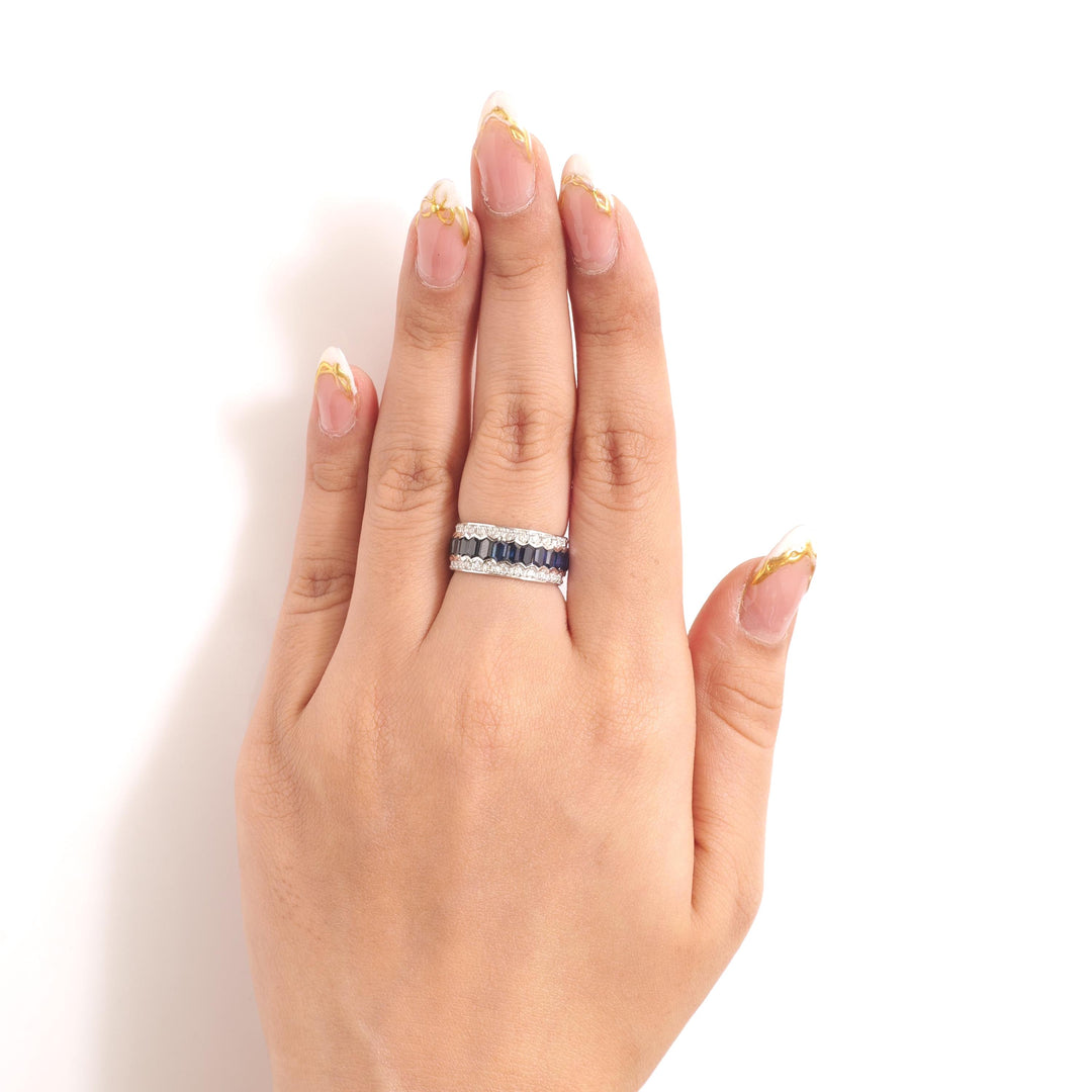 Natural Blue Sapphire & Diamond Band Ring: 14k Solid Gold Eternity Gemstone Stackable Ring, Certified Jewelry