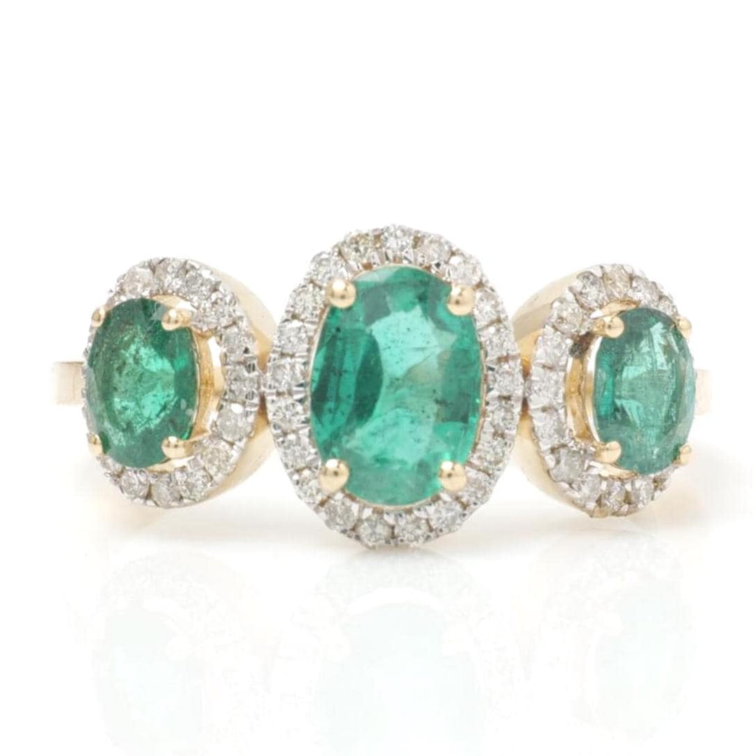 Natural Oval Emerald & Diamond Band Ring: 14k Solid Gold Halo Three Stone Gemstone Jewellery, Certified Jewelry