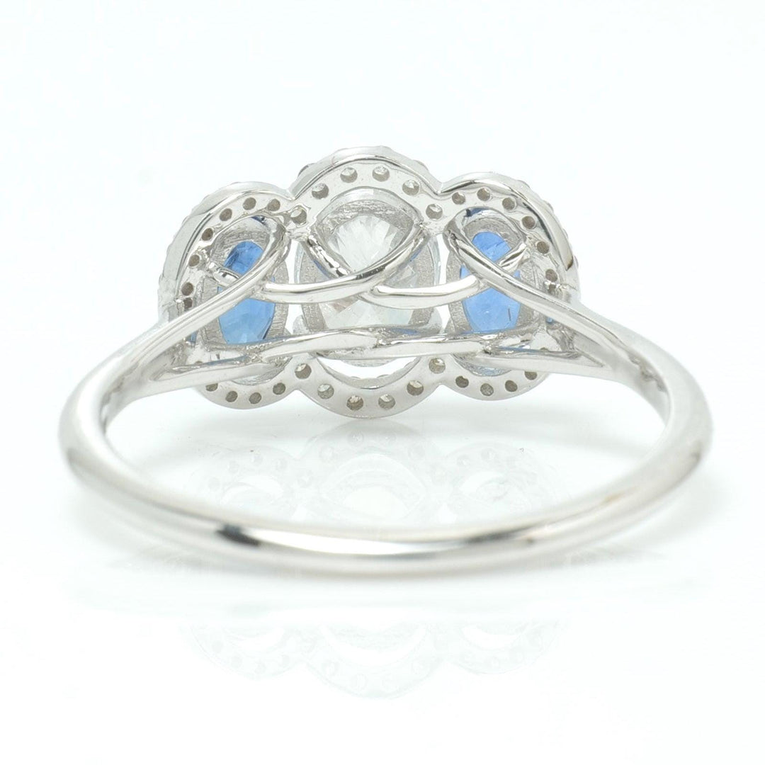 Three Stone Natural Oval Sapphire & Diamond Ring: 14k Solid Gold Halo Gemstone Jewellery, Certified Jewelry