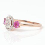 Load image into Gallery viewer, Natural  Oval Diamond &amp; Ruby Ring: 14k Solid Gold Halo Three Stone Ring, Certified Jewelry
