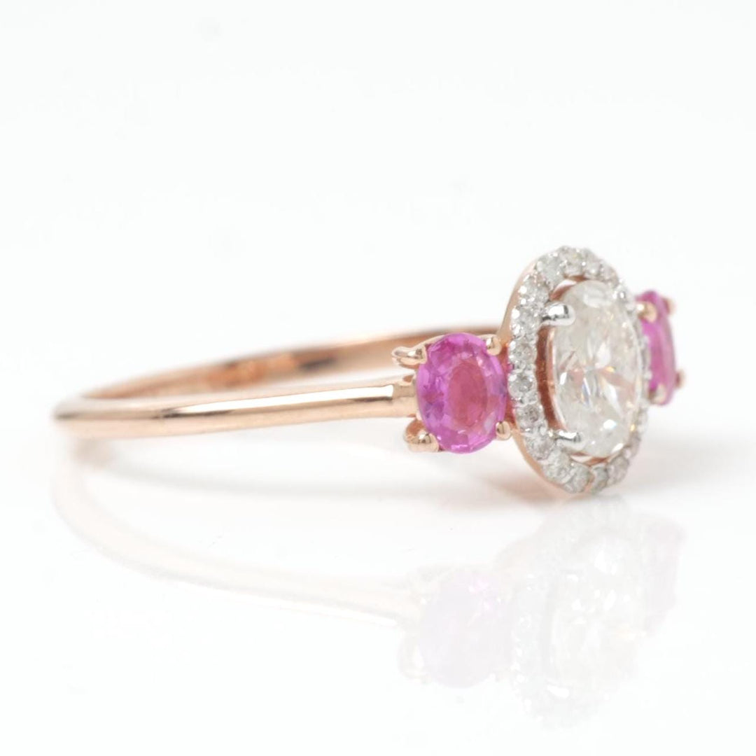 Natural  Oval Diamond & Ruby Ring: 14k Solid Gold Halo Three Stone Ring, Certified Jewelry