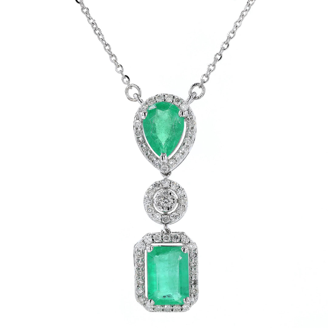 Natural Emerald Drop Halo Diamond Necklace: 14k Solid Gold Fancy Gemstone Stackable Jewellery, Certified Jewelry