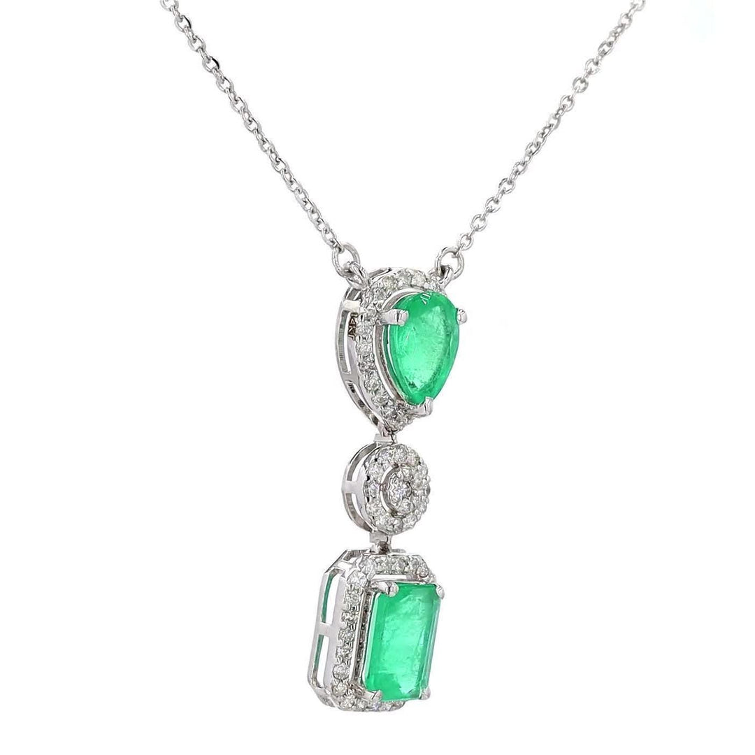 Natural Emerald Drop Halo Diamond Necklace: 14k Solid Gold Fancy Gemstone Stackable Jewellery, Certified Jewelry