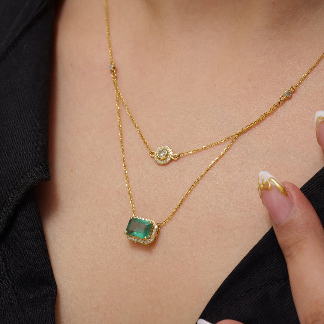 Layered Natural Emerald Diamond Necklace: 14k Solid Gold Double Chain Halo Stacking Jewellery, Certified Jewelry