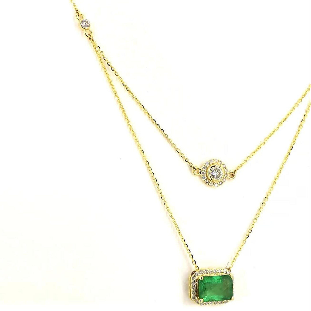 Layered Natural Emerald Diamond Necklace: 14k Solid Gold Double Chain Halo Stacking Jewellery, Certified Jewelry