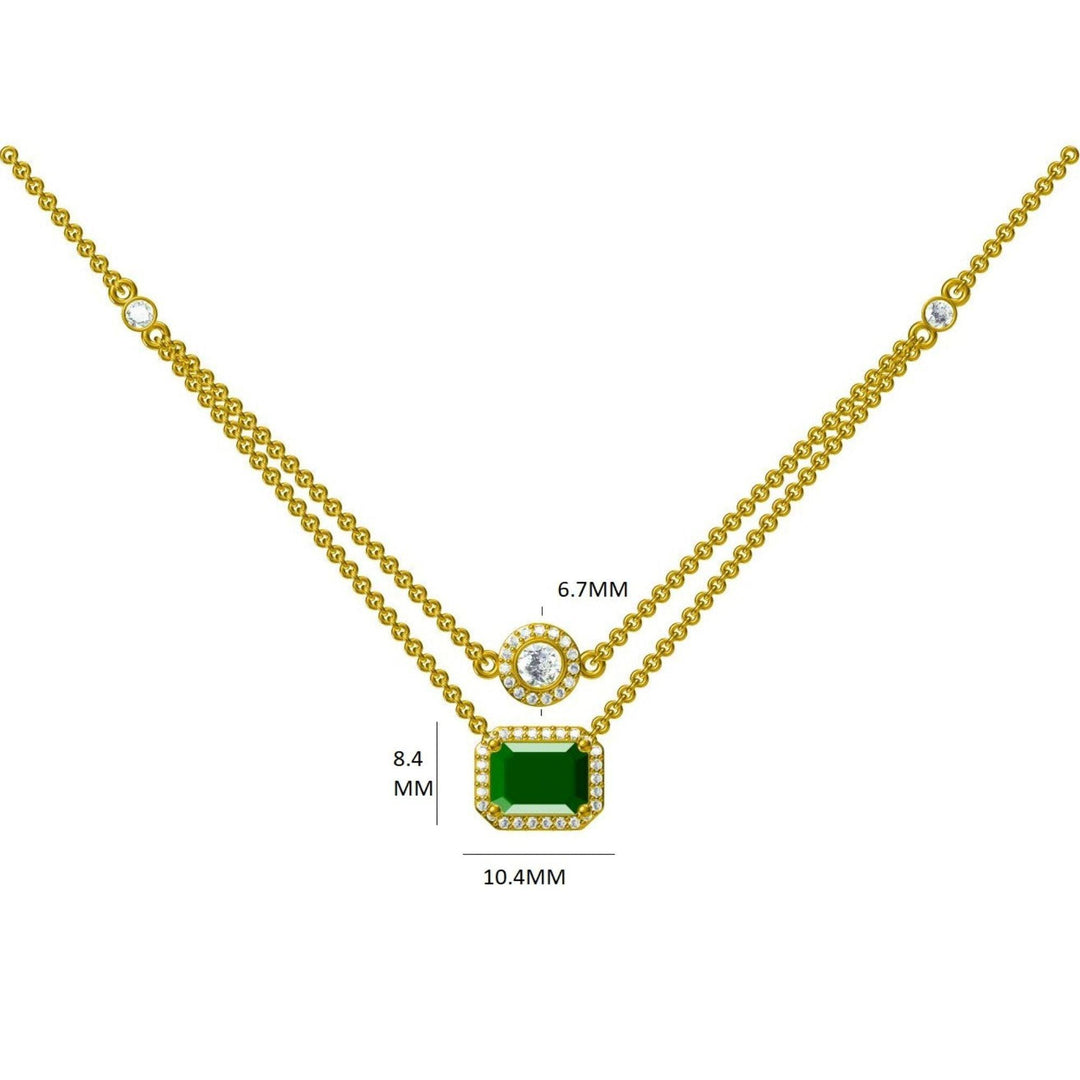 Layered Natural Emerald Diamond Necklace: 14k Solid Gold Double Chain Halo Stacking Jewellery, Certified Jewelry