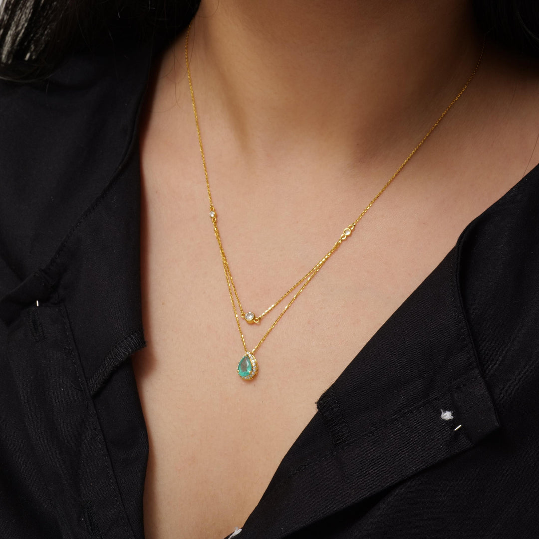 Natural Emerald Layered Diamond Stacking Necklace: 14k Solid Gold Pear Gemstone Jewellery, Certified Jewelry