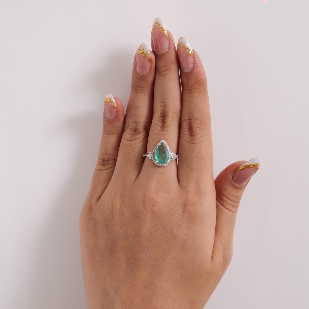 Natural Pear Emerald & Diamond Halo Ring: 14k Solid Gold Rosecut Sidestones Gemstone Engagement Ring, Certified Jewelry