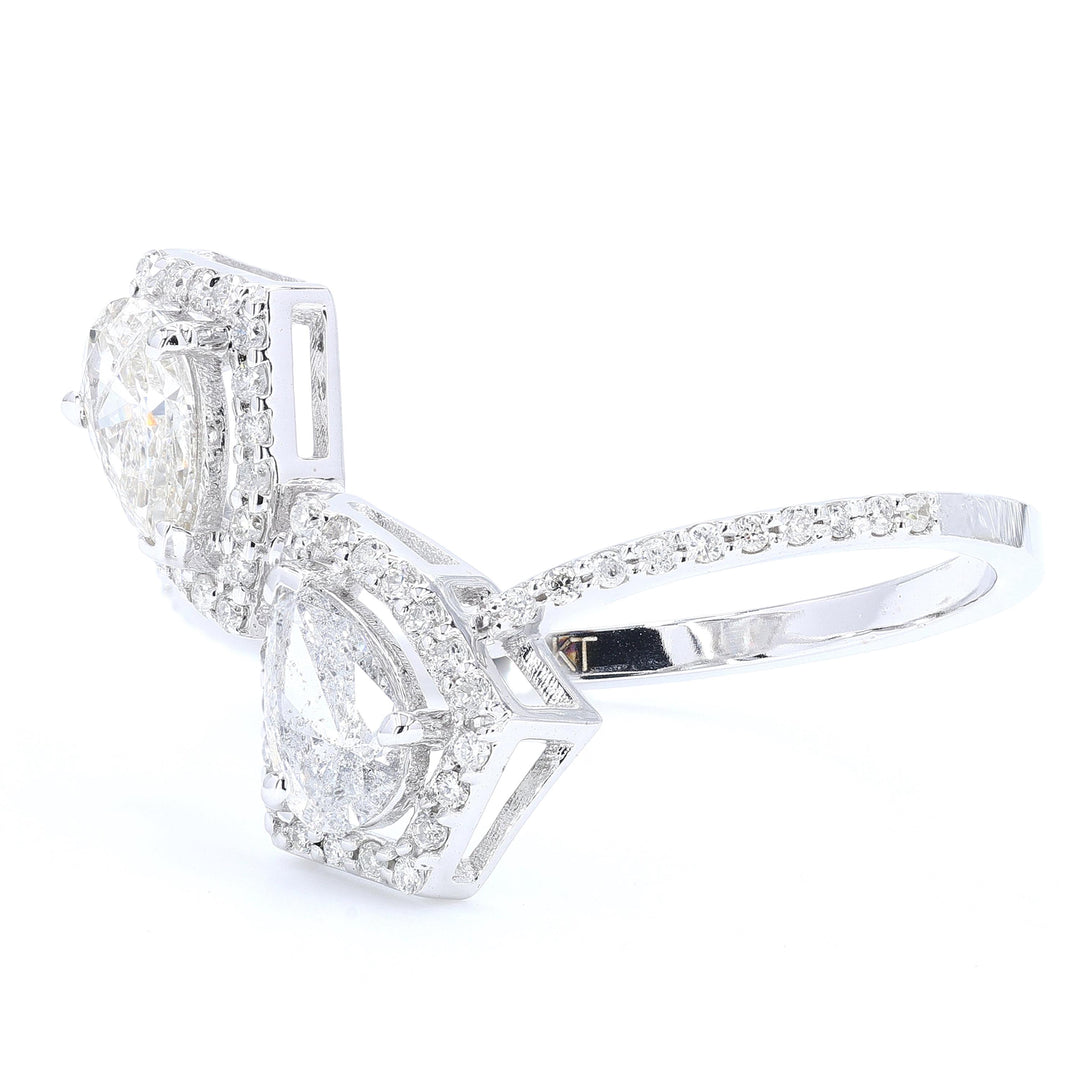 Double Pear Natural Diamond Bypass Ring: 14k Solid Gold Halo Split Statement Jewellery, Certified Jewelry