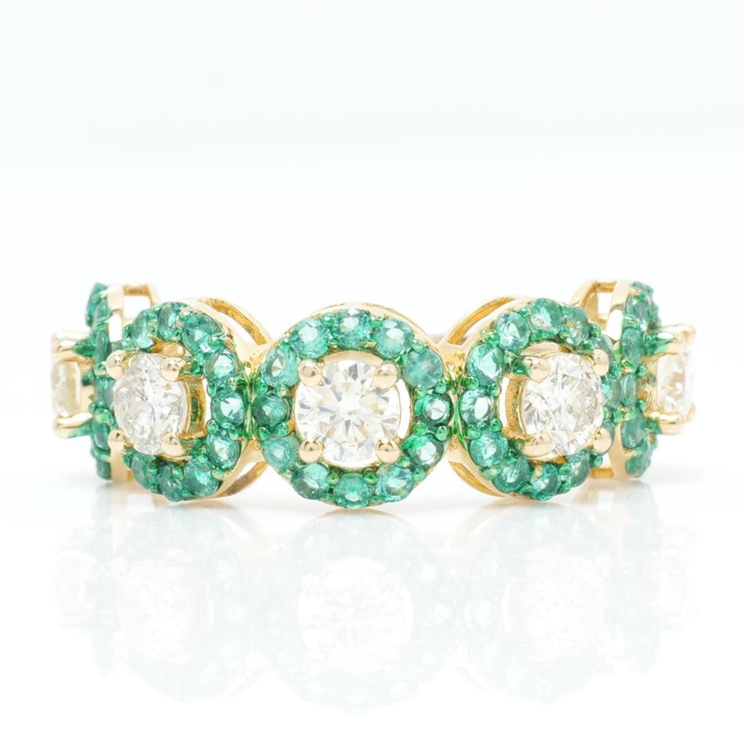 Circle Natural Emeralds and Diamond Halo Band Ring: 14k Solid Gold Gemstone Statement Ring, Certified Jewelry