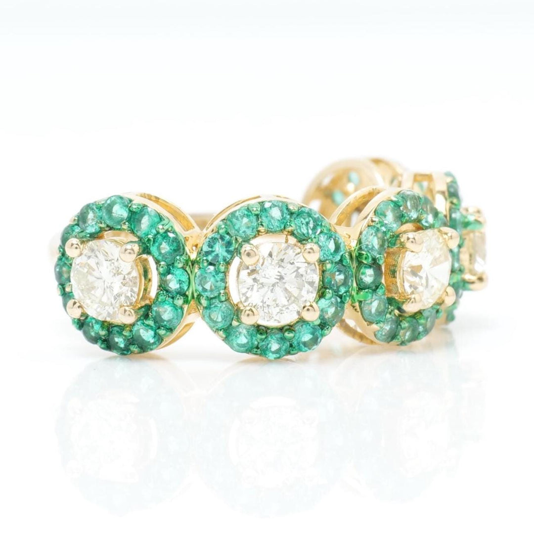 Circle Natural Emeralds and Diamond Halo Band Ring: 14k Solid Gold Gemstone Statement Ring, Certified Jewelry