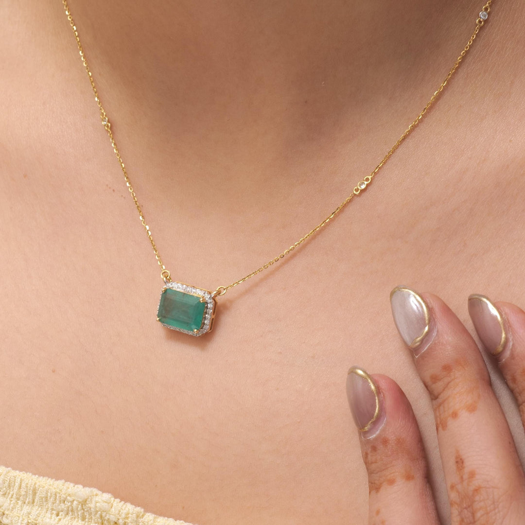 Natural Emerald Halo Diamond Station Necklace, 14k Solid Gold Gemstone Layering Jewellery, Certified Jewelry