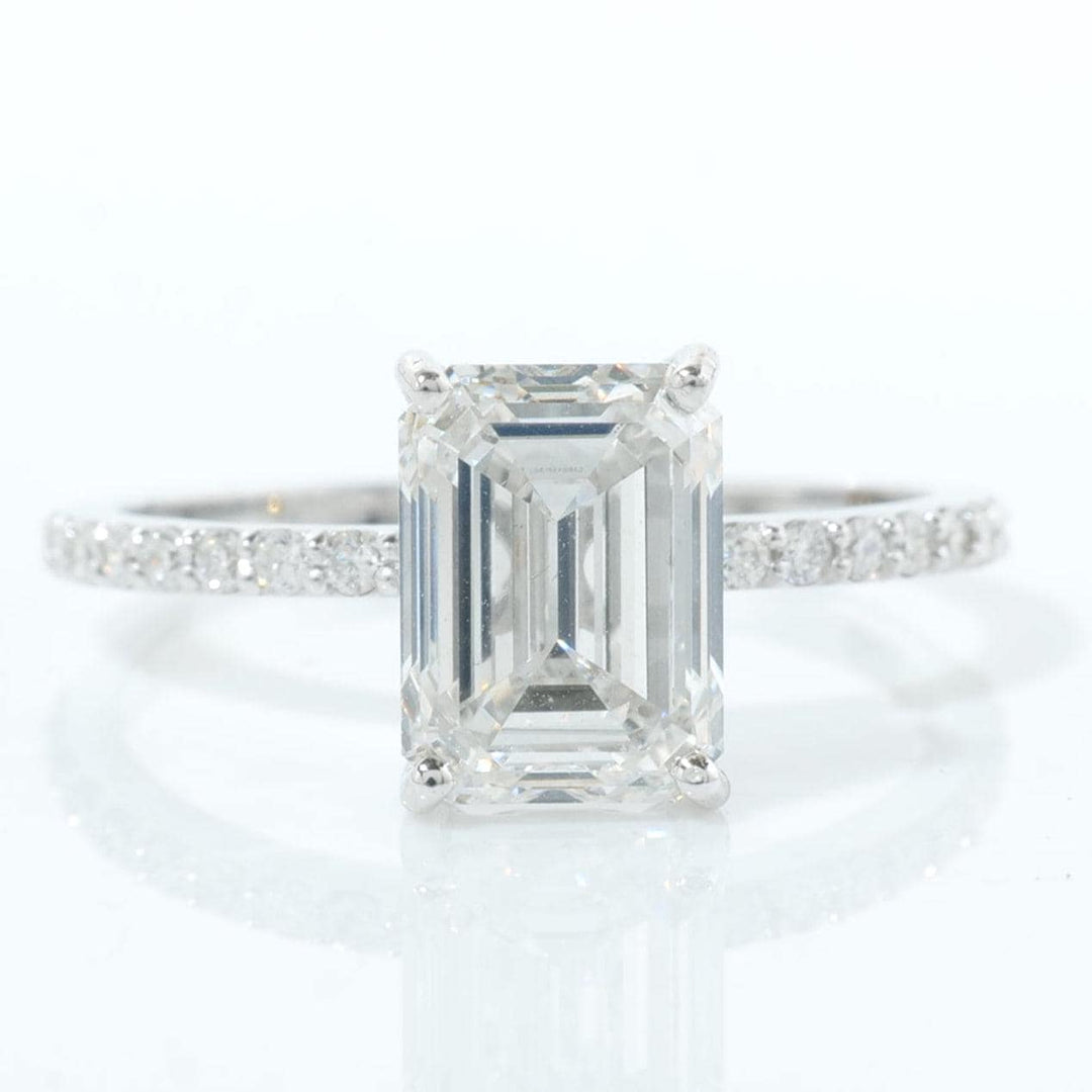 IGI Certified Emerald Cut Lab Grown Diamond Ring: 14k Solid Gold Solitaire Pavé Band Wedding Jewelry