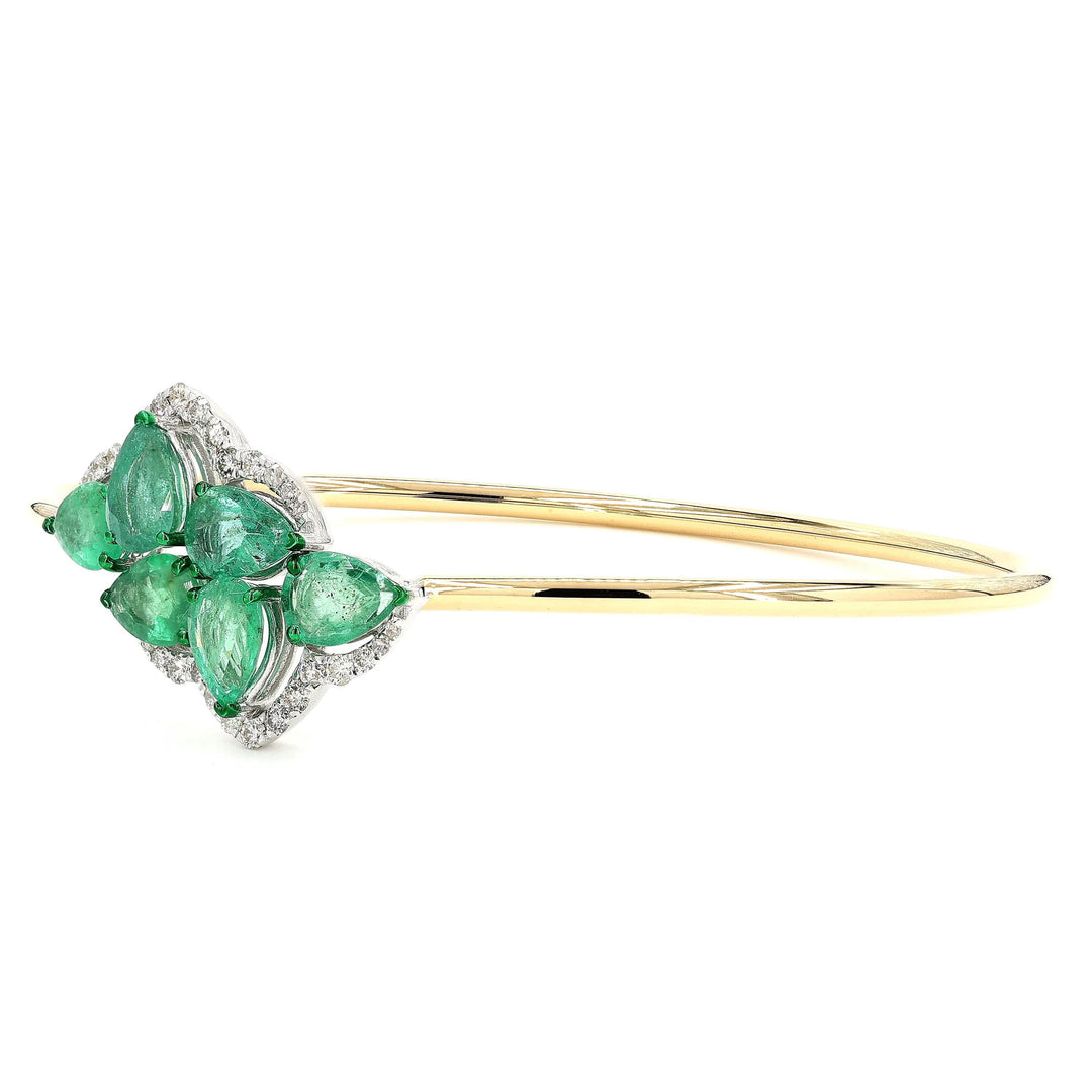 Pear Shape Natural Emerald & Diamond Bracelet: 14k Solid Gold Gemstone Halo Cuff Jewellery, Certified Jewelry