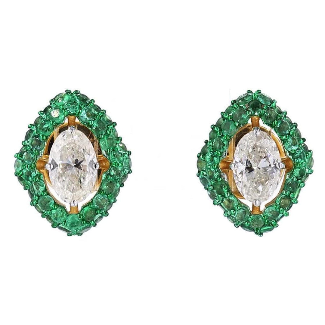 Marquise Natural Emerald & Diamond Stud Earrings: 14k Solid Gold Gemstone Halo Studs Jewellery, Certified Jewelry