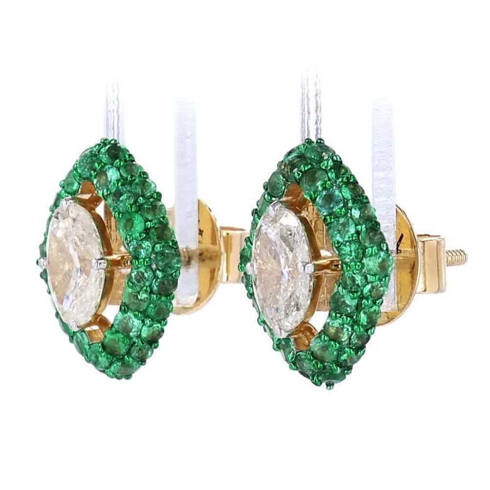 Marquise Natural Emerald & Diamond Stud Earrings: 14k Solid Gold Gemstone Halo Studs Jewellery, Certified Jewelry