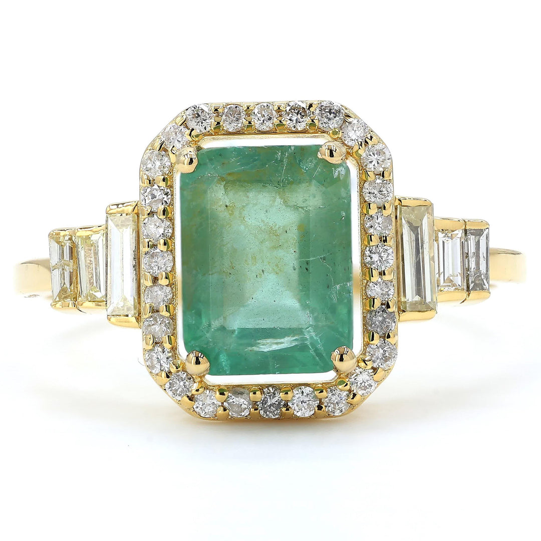 Emerald Cut Natural Emerald Diamond Ring, 14k Solid Gold, Natural Diamonds, Halo Baguette Gemstone Ring, Certified Jewelry